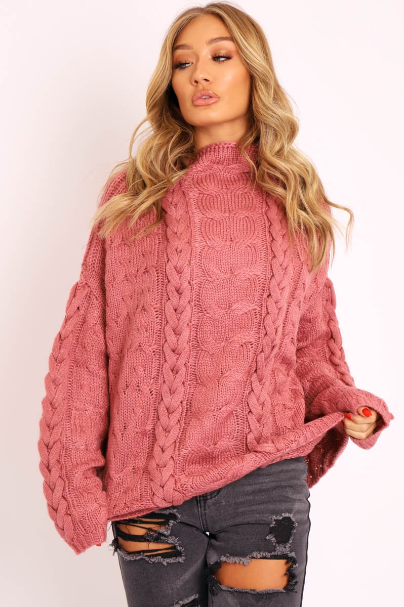 Mauve Cable Knit High Neck Oversized Jumper - Kiyla-Knitwear
