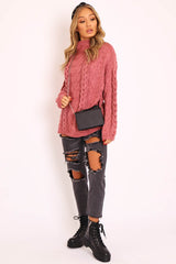 Mauve Cable Knit High Neck Oversized Jumper - Kiyla-Knitwear