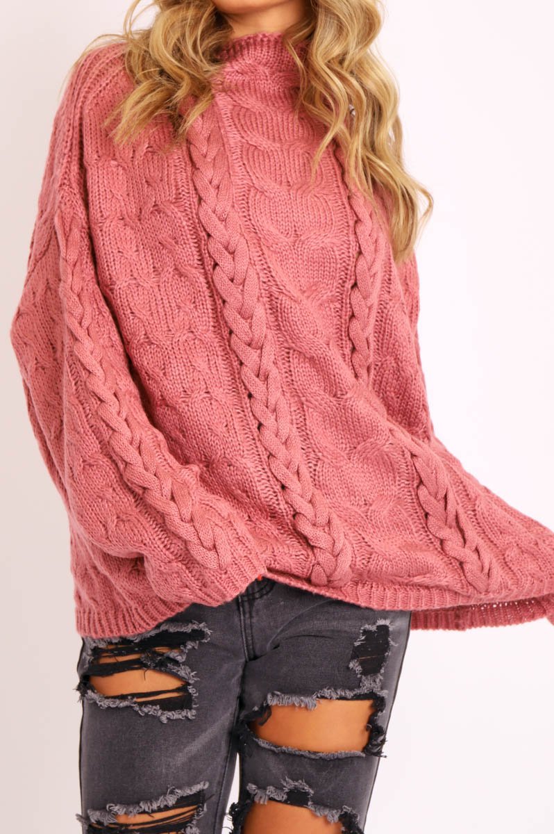Mauve Cable Knit High Neck Oversized Jumper - Kiyla-Knitwear