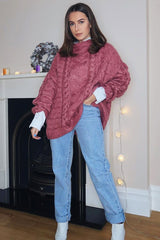 Mauve Cable Knit High Neck Oversized Jumper - Kiyla-Knitwear