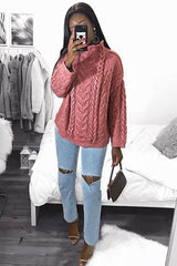 Mauve Cable Knit High Neck Oversized Jumper - Kiyla-Knitwear