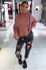 Mauve Cable Knit High Neck Oversized Jumper - Kiyla-Knitwear