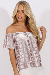 Mauve Crushed Velvet Dipped Hem Bardot Top - Eva-Tops