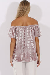Mauve Crushed Velvet Dipped Hem Bardot Top - Eva-Tops