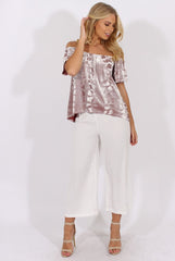 Mauve Crushed Velvet Dipped Hem Bardot Top - Eva-Tops