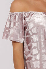 Mauve Crushed Velvet Dipped Hem Bardot Top - Eva-Tops