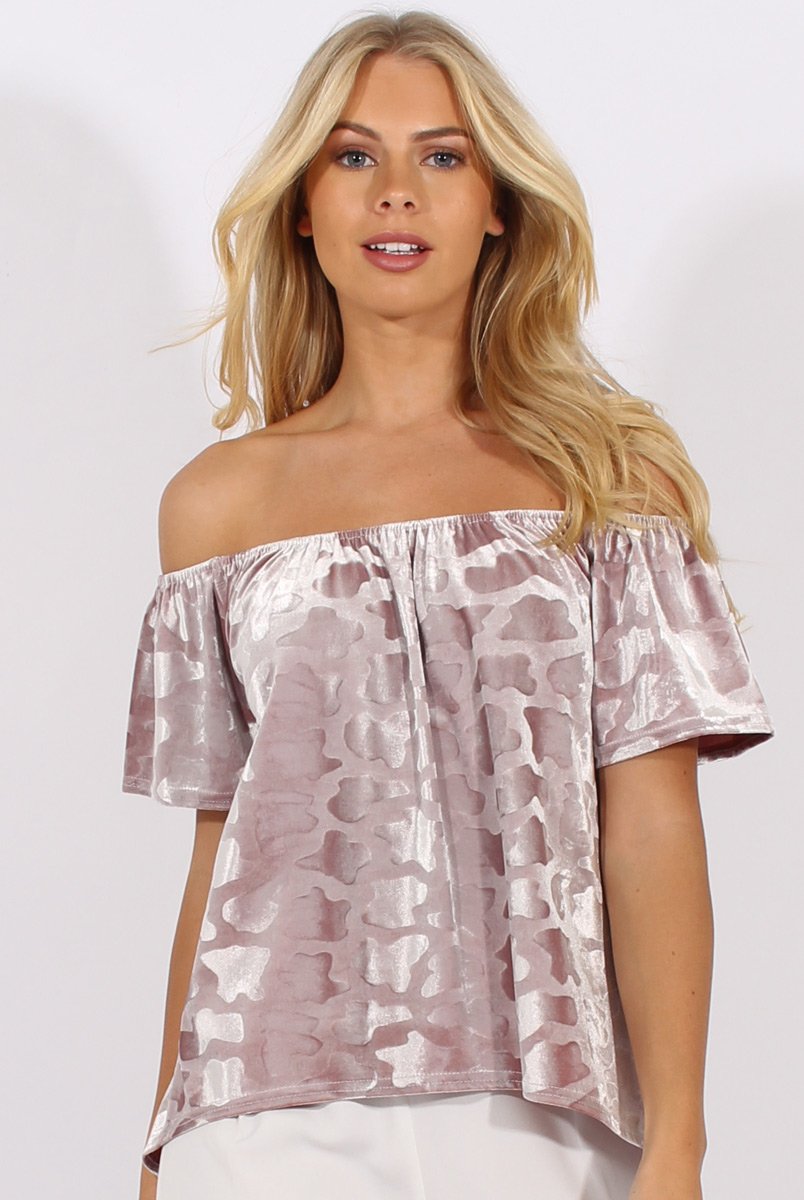Mauve Crushed Velvet Dipped Hem Bardot Top - Eva-Tops
