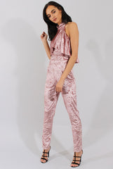 Mauve Crushed Velvet Frill Choker Jumpsuit - Blaire-Jumpsuits