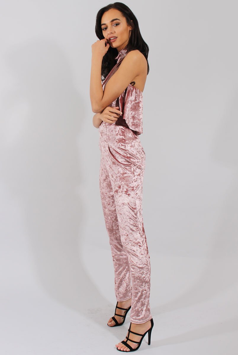 Mauve Crushed Velvet Frill Choker Jumpsuit - Blaire-Jumpsuits