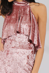 Mauve Crushed Velvet Frill Choker Jumpsuit - Blaire-Jumpsuits