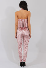 Mauve Crushed Velvet Frill Choker Jumpsuit - Blaire-Jumpsuits