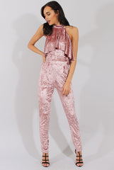Mauve Crushed Velvet Frill Choker Jumpsuit - Blaire-Jumpsuits