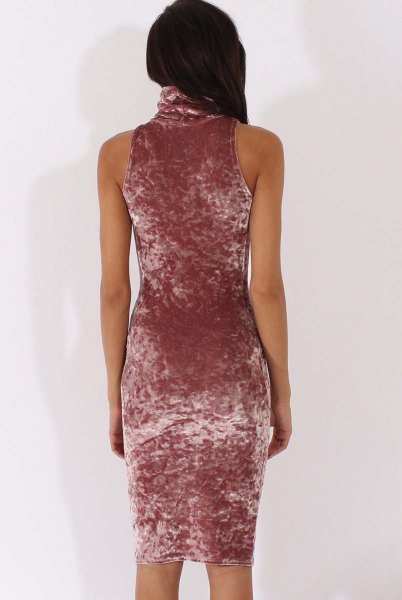 Mauve Crushed Velvet Front Split Turtleneck Dress - Erin-Dresses