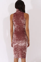 Mauve Crushed Velvet Front Split Turtleneck Dress - Erin-Dresses
