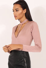 Mauve Harness Choker Long Sleeve Bodysuit - Sandra-Bodysuits