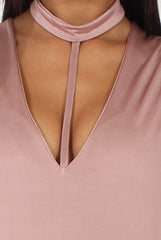 Mauve Harness Choker Long Sleeve Bodysuit - Sandra-Bodysuits