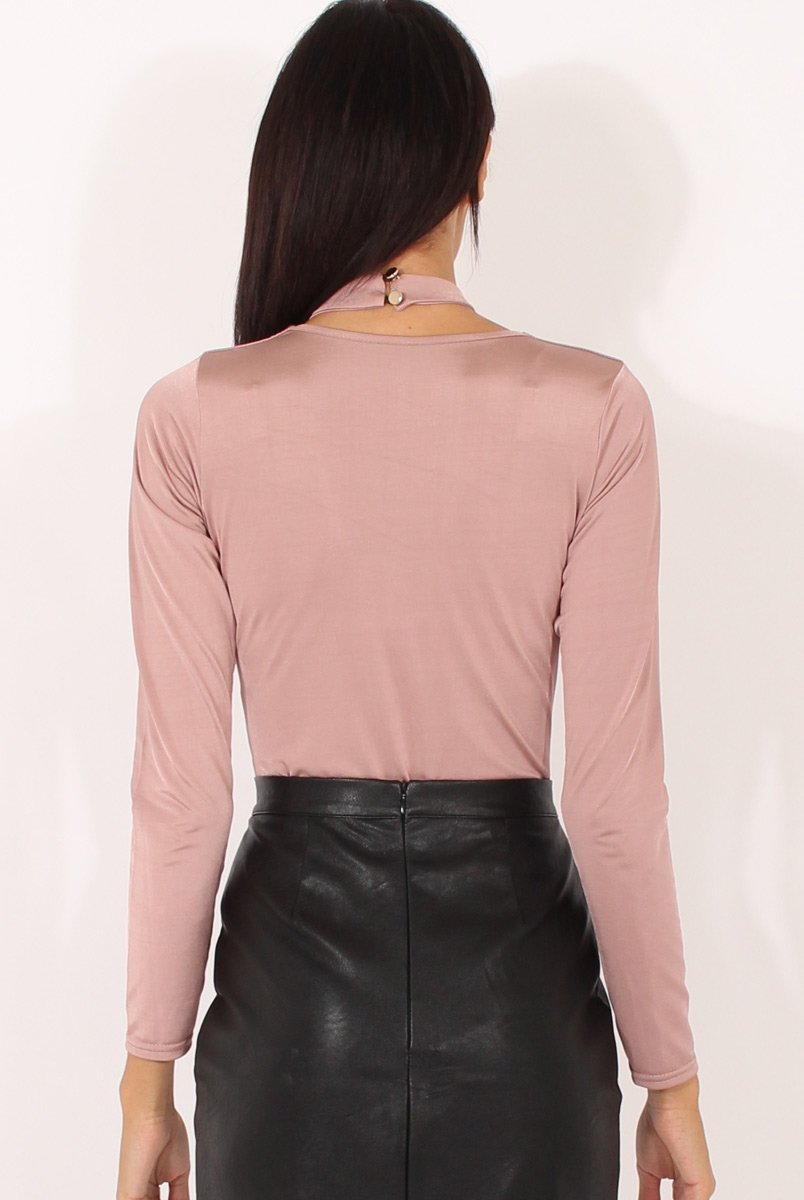 Mauve Harness Choker Long Sleeve Bodysuit - Sandra-Bodysuits