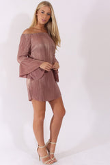 Mauve Metallic Bardot Pleated Bell Sleeves Dress - Lilja-Dresses
