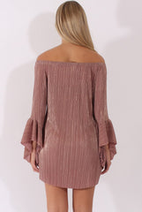 Mauve Metallic Bardot Pleated Bell Sleeves Dress - Lilja-Dresses