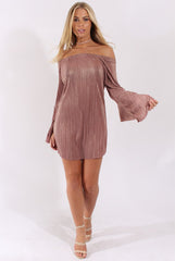 Mauve Metallic Bardot Pleated Bell Sleeves Dress - Lilja-Dresses
