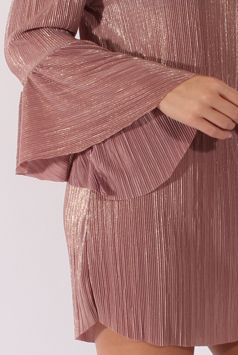 Mauve Metallic Bardot Pleated Bell Sleeves Dress - Lilja-Dresses