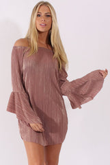 Mauve Metallic Bardot Pleated Bell Sleeves Dress - Lilja-Dresses