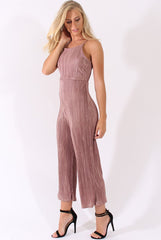 Mauve Metallic Pleated Cropped Jumpsuit - Arabella-Jumpsuits