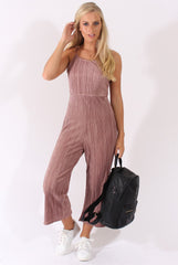Mauve Metallic Pleated Cropped Jumpsuit - Arabella-Jumpsuits