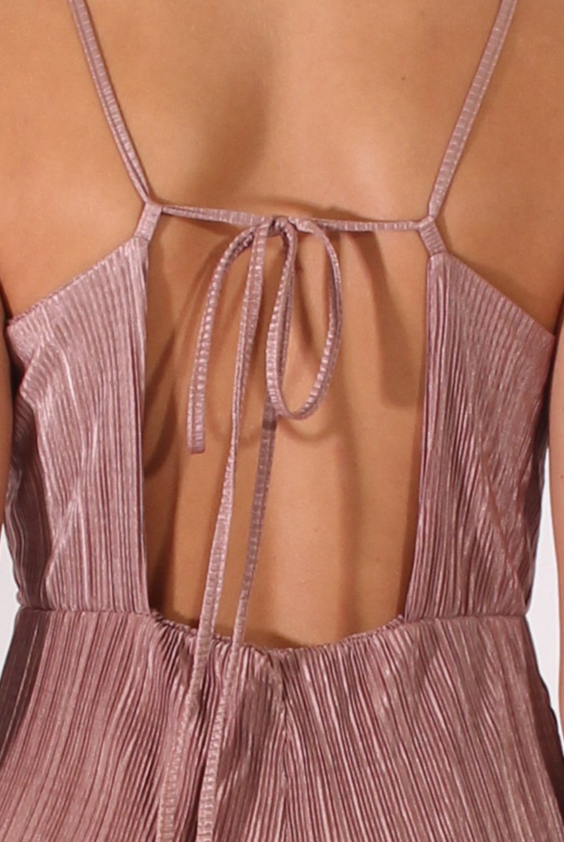 Mauve Metallic Pleated Cropped Jumpsuit - Arabella-Jumpsuits