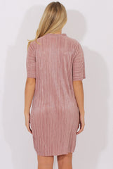 Mauve Metallic Pleated Short Sleeve Midi Dress - Kitty-Dresses