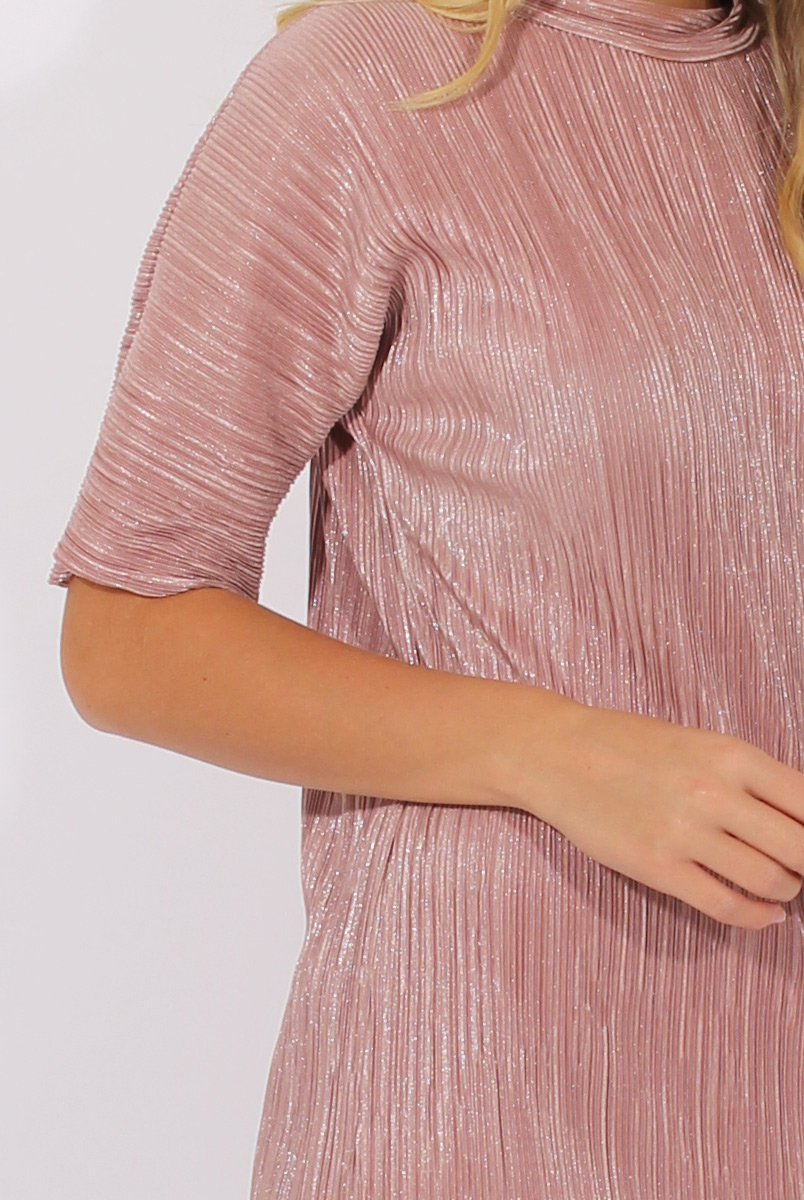 Mauve Metallic Pleated Short Sleeve Midi Dress - Kitty-Dresses