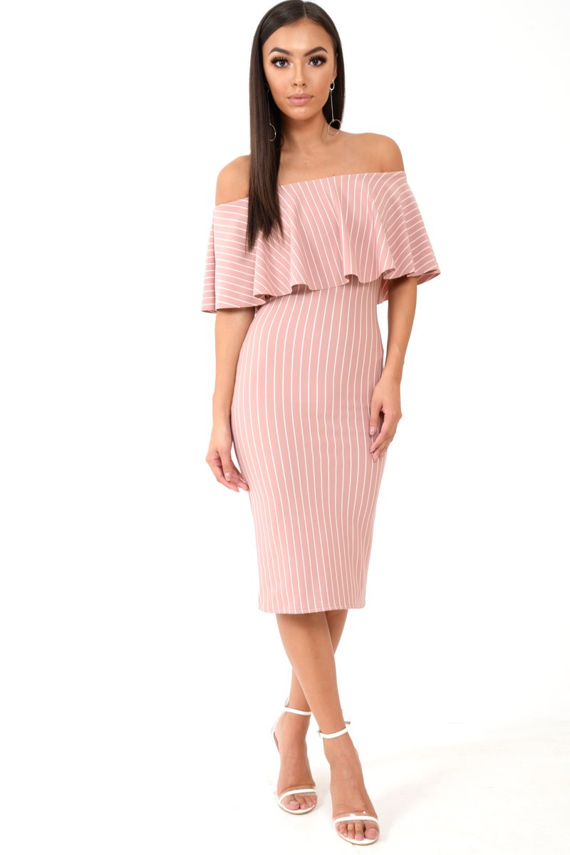 Mauve Pinstripe Frill Bardot Bodycon Midi Dress -Jovey-Dresses