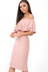 Mauve Pinstripe Frill Bardot Bodycon Midi Dress -Jovey-Dresses