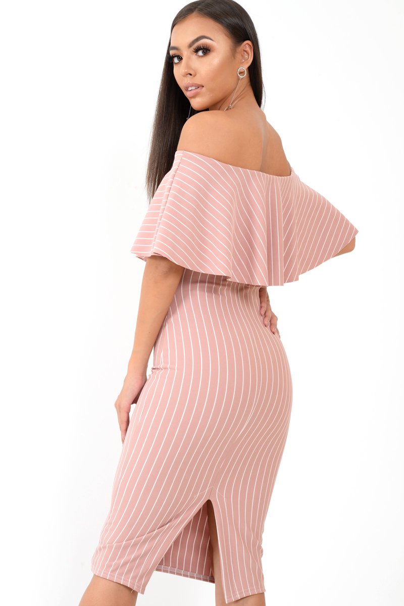 Mauve Pinstripe Frill Bardot Bodycon Midi Dress -Jovey-Dresses