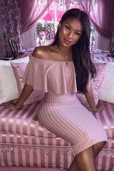 Mauve Pinstripe Frill Bardot Bodycon Midi Dress -Jovey-Dresses