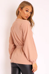 Mauve Plunge Belted Blouse - Goldie-Blouse