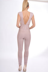 Mauve Plunge Cut Out Bandage Jumpsuit - Kassi-Jumpsuits
