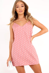 Mauve Polka Dot Cami Strap Shift Dress - Aliaa-Dresses