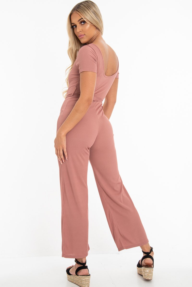 Mauve Rib V Neck Button Front Jumpsuit - Cassandra-Jumpsuits