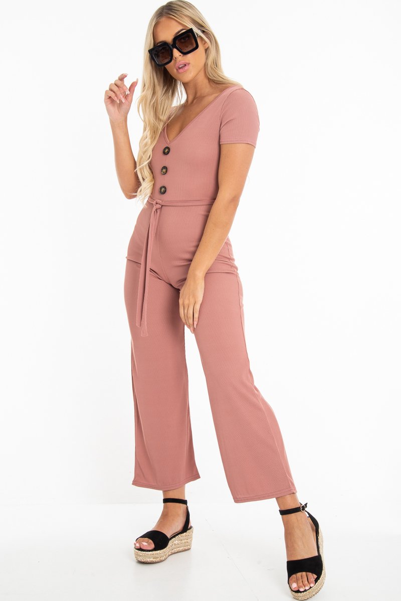 Mauve Rib V Neck Button Front Jumpsuit - Cassandra-Jumpsuits