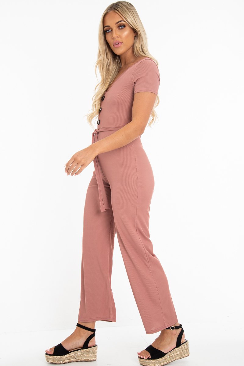 Mauve Rib V Neck Button Front Jumpsuit - Cassandra-Jumpsuits