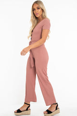 Mauve Rib V Neck Button Front Jumpsuit - Cassandra-Jumpsuits