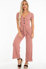 Mauve Rib V Neck Button Front Jumpsuit - Cassandra-Jumpsuits