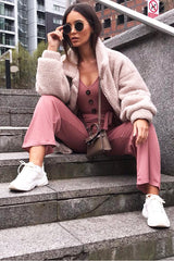 Mauve Rib V Neck Button Front Jumpsuit - Cassandra-Jumpsuits