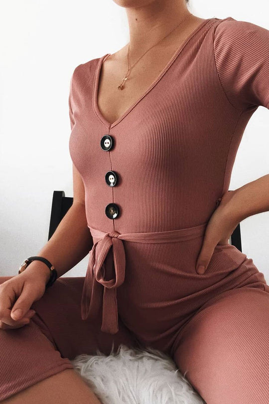 Mauve Rib V Neck Button Front Jumpsuit - Cassandra