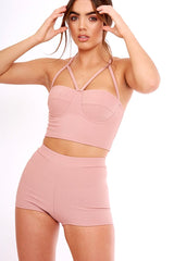 Mauve Ribbed Bustier Crop Top & Shorts Co-ord Set - Olivia-Co-ords