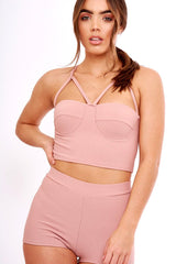 Mauve Ribbed Bustier Crop Top & Shorts Co-ord Set - Olivia-Co-ords