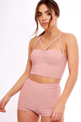 Mauve Ribbed Bustier Crop Top & Shorts Co-ord Set - Olivia-Co-ords