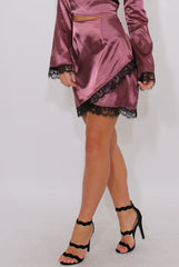Mauve Satin Lace Trim Skirt - Dream-Skirts