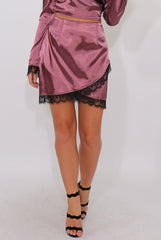 Mauve Satin Lace Trim Skirt - Dream-Skirts